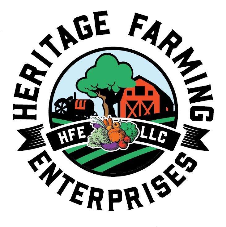 Logo of Heritage Farming Enterprises featuring a green tree, a red barn, and a vintage train, with vegetables displayed prominently. The design emphasizes sustainable farming and local agriculture.